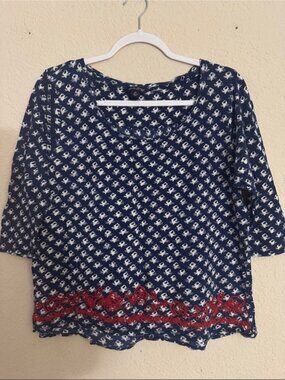 Navy Patterned V-Neck Blouse with Red Embroidered Hem